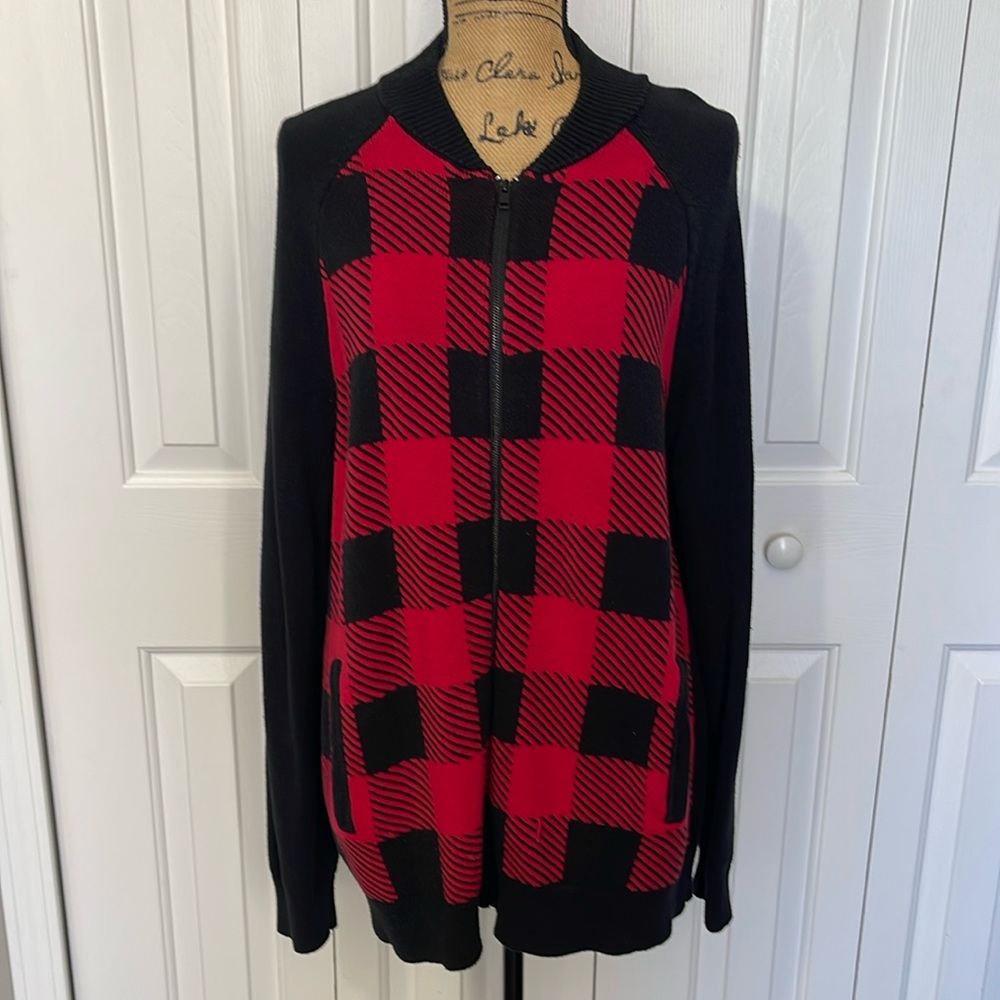 Express Red & Black Plaid Zip Up Sweater